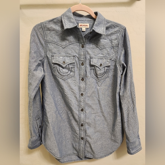 True Religion Tops - TRUE RELIGION, chambray western shirt with pocket embroidery, ladies size S/P